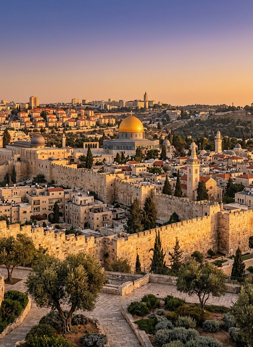 Entrance of the Temple of Solomon with large columns and golden Hebrew inscriptions at dusk