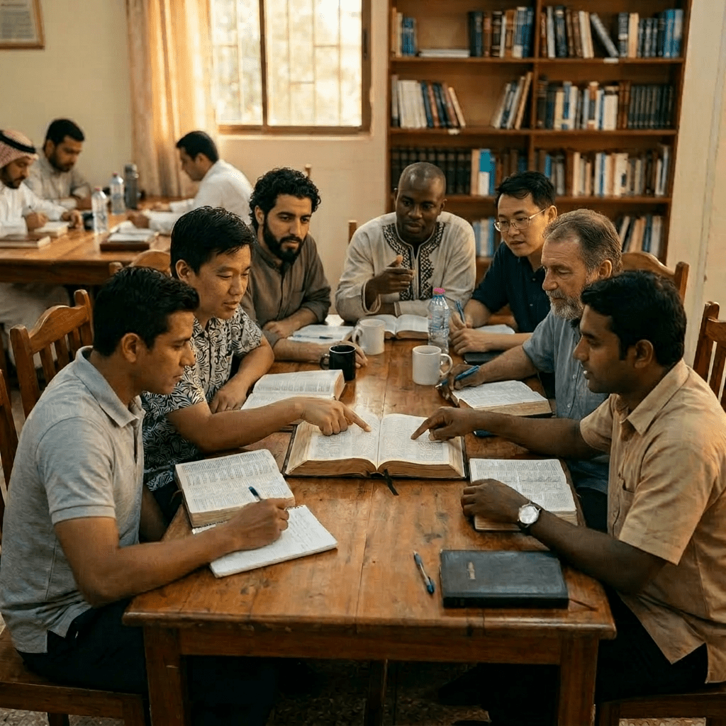 Seven men seated at a wooden table reading and discussing open Bibles