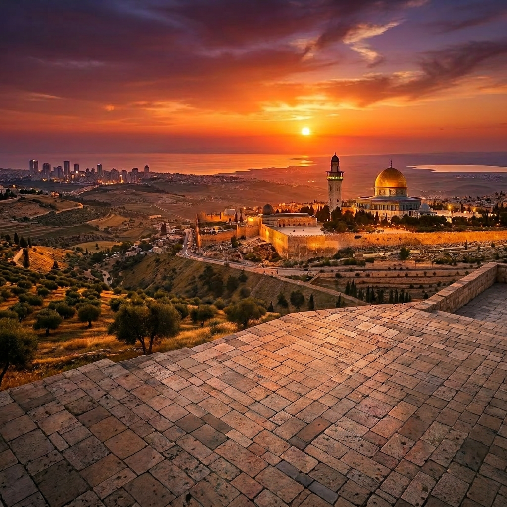 Group of people praying at sunset overlooking Dome of the Rock in Jerusalem