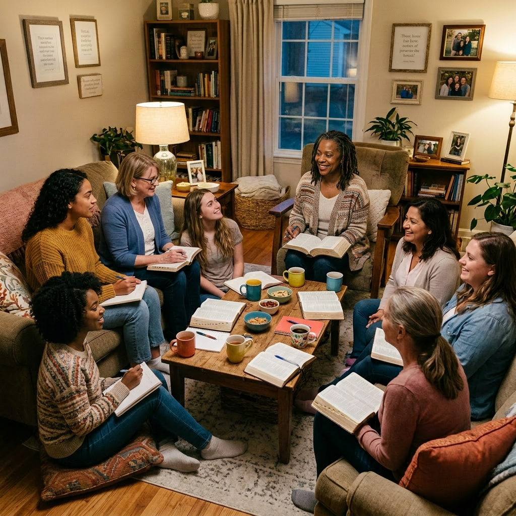 Seven women sitting in a circle in a living room reading Bibles and discussing