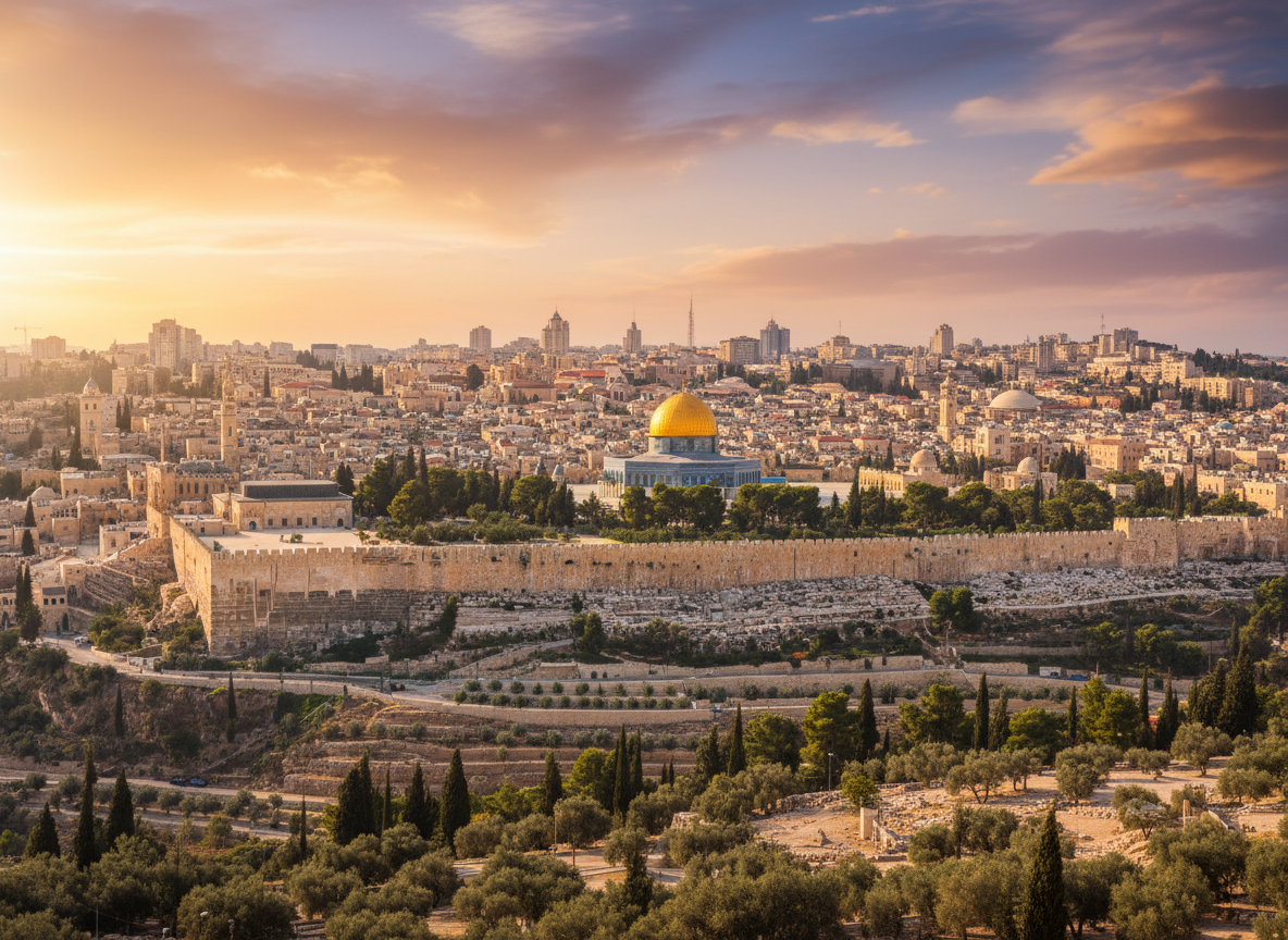 A stunning panoramic view of Jerusalem's Old City skyline, featuring the golden Dome of the Rock, ancient stone walls, and historic architecture under a warm golden-hour sky