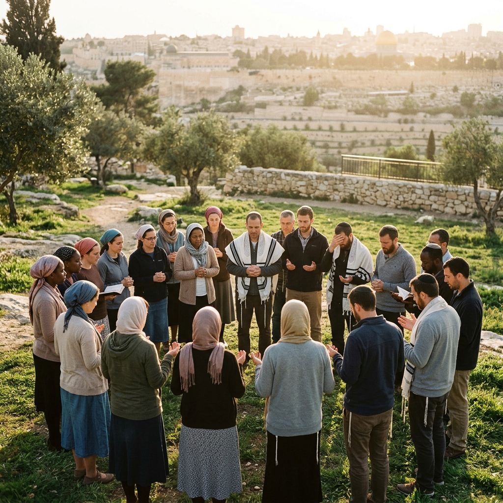 Diverse Messianic Jews praying outdoors, women headscarves, men bareheaded