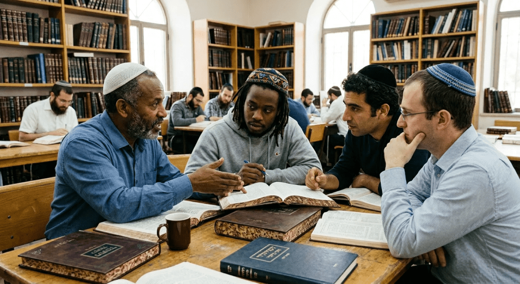 Four men wearing kippahs studying and discussing religious texts in a library