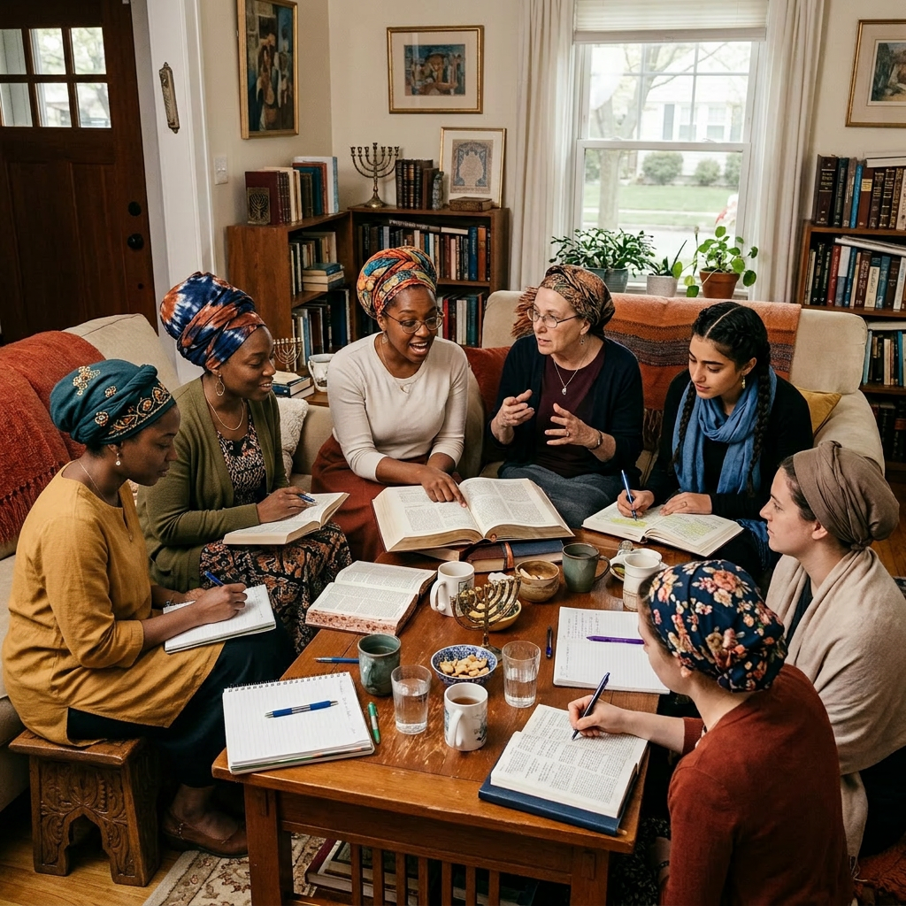 Seven women gathered around a coffee table studying Torah and taking notes