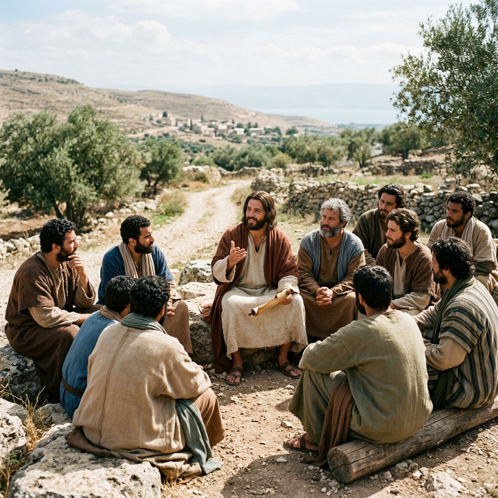 A man speaking to a group of men in ancient attire gathered outdoors
